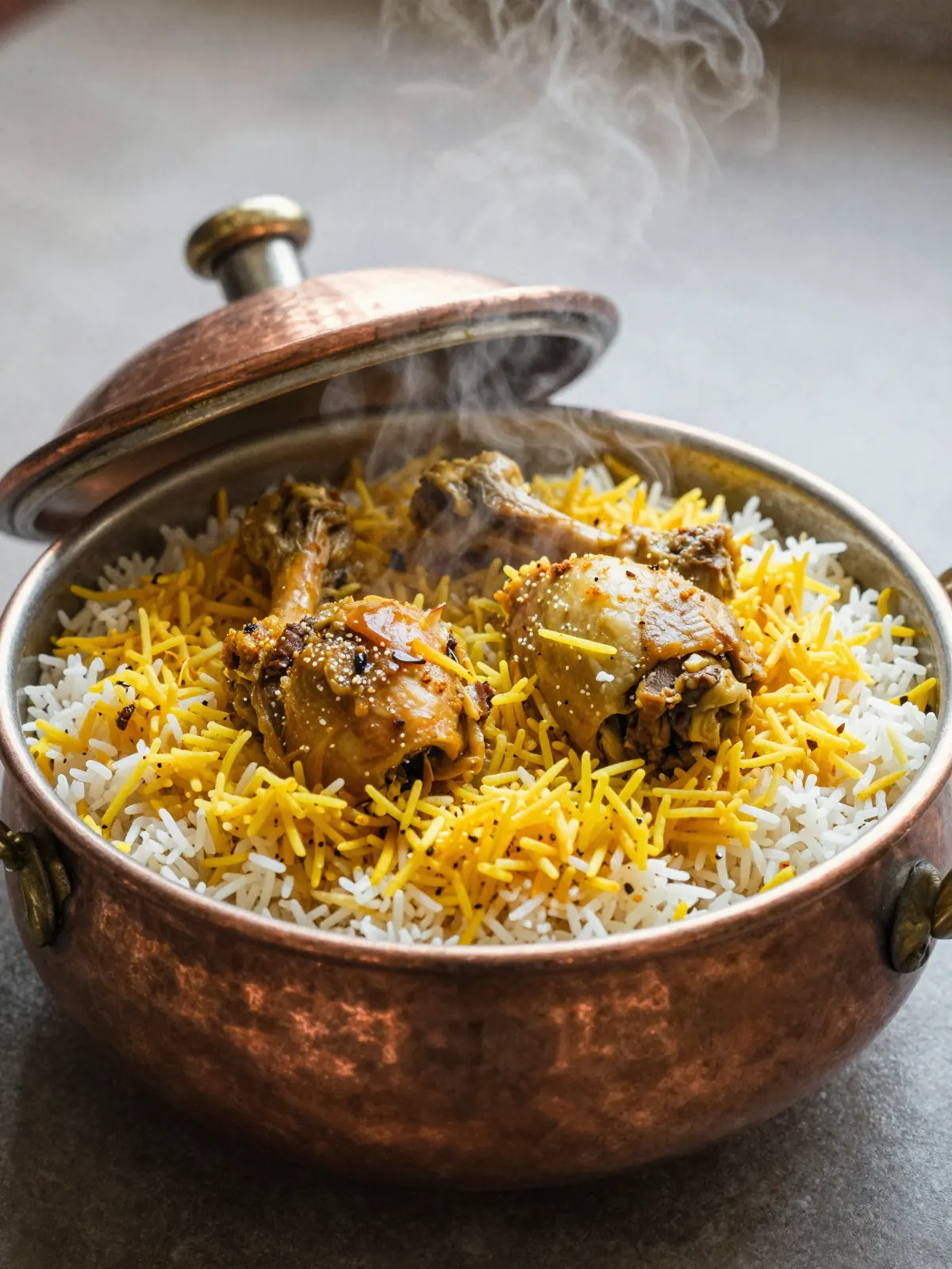 A copper pot of biryani with saffron rice