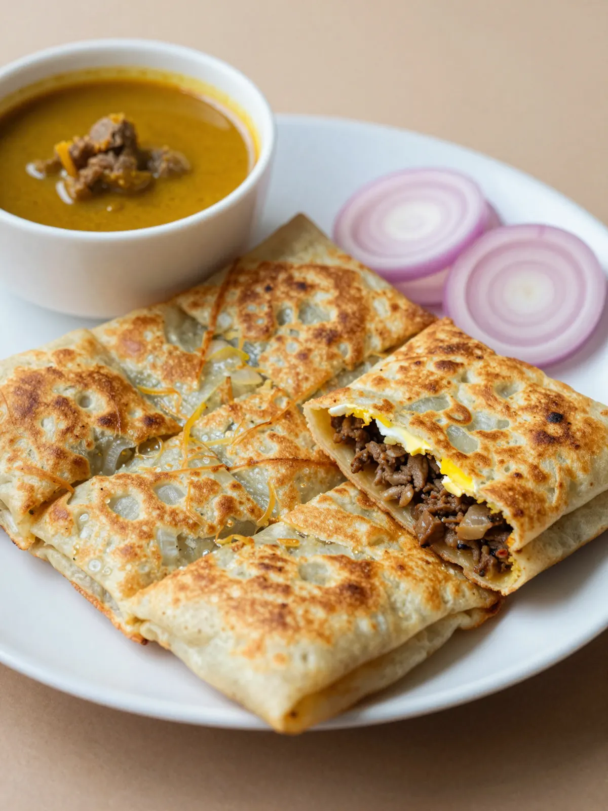 Beef murtabak cut into squares with pickled onions and curry