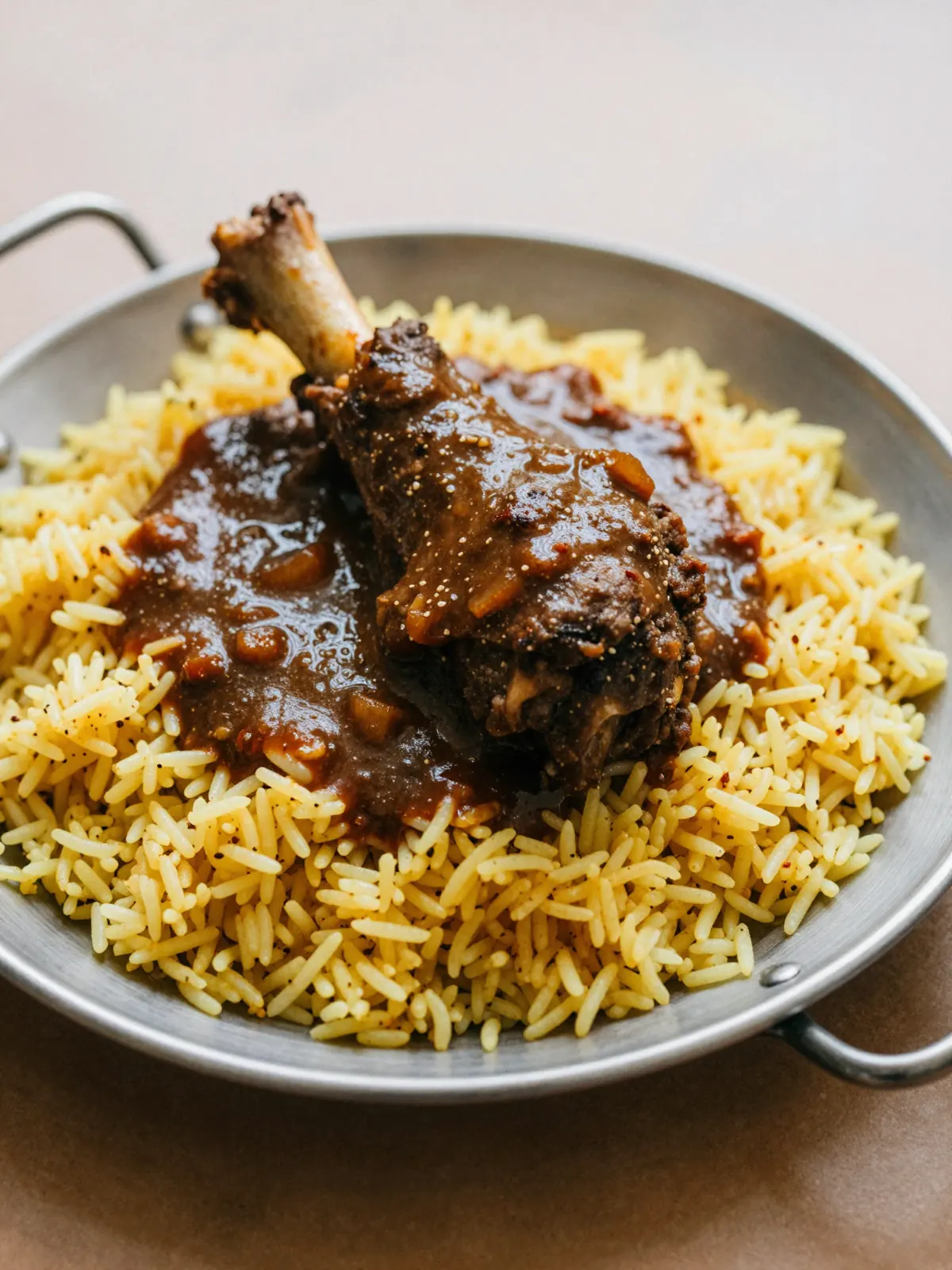 Braised lamb shank in thick gravy on biryani rice